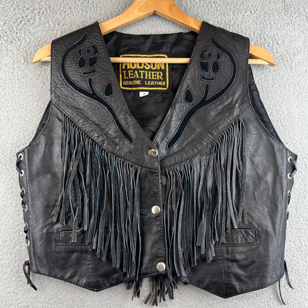 Hudson Leather Womens Black Fringe Rose Applique Western Biker Vest Small